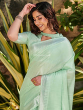 Pure Tissue Linen Sliver Zari Weaves Worked Mint Green Saree